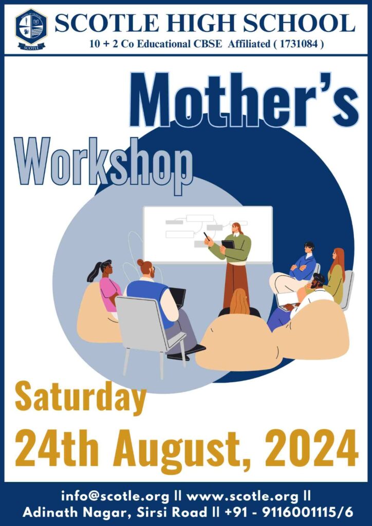 Flyer for an upcoming "Mother's Workshop" at Scotle High School on Saturday, 24th August, 2024. Join a seated group discussing in front of a whiteboard. Don't miss out—check your desktop calendar! Contact info at the bottom: info@scotle.org.