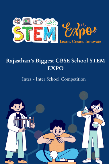 Illustration of three students in lab coats engaging in scientific activities at a desktop, promoting Rajasthan's Biggest CBSE School STEM Expo. This exciting event features an intra- and inter-school competition as part of the upcoming events.