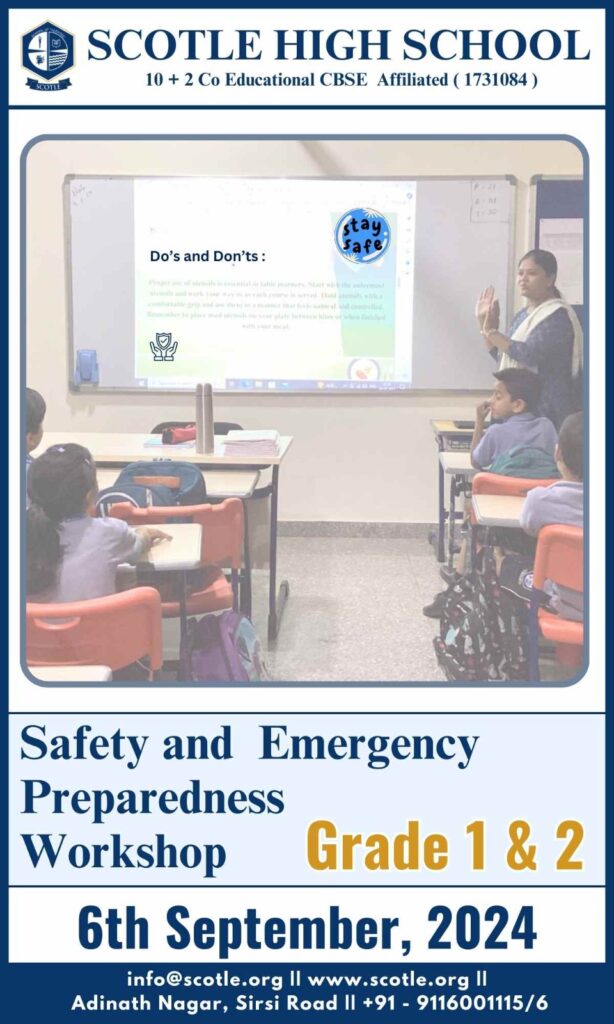 A teacher points to a presentation screen in a classroom during a Safety and Emergency Preparedness Workshop for Grade 1 & 2 students at Scotle High School on September 6, 2024, while a desktop displays upcoming events.