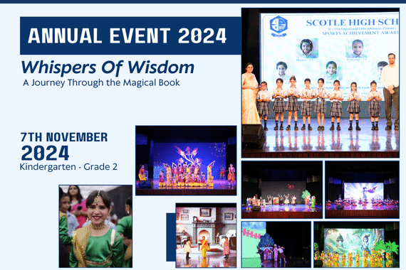 Collage of a school event with children performing dramatic skits on stage, a large screen, and colorful decorations. Text reads "Annual Event 2024, Whispers of Wisdom, 7th November, Kindergarten - Grade 2." An exciting desktop display captures the memorable moments.