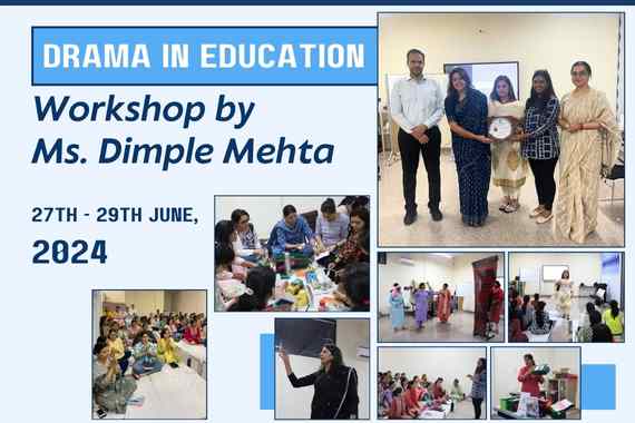 Collage of images from a drama workshop led by Ms. Dimple Mehta, held from 27th to 29th June 2024. Participants engage in various activities and group discussions, bringing their ideas to life both on stage and at their desktops.