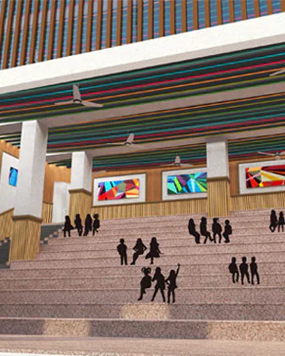 A rendering of a building with stairs and people on them at the best school in Jaipur, Scotle High School.